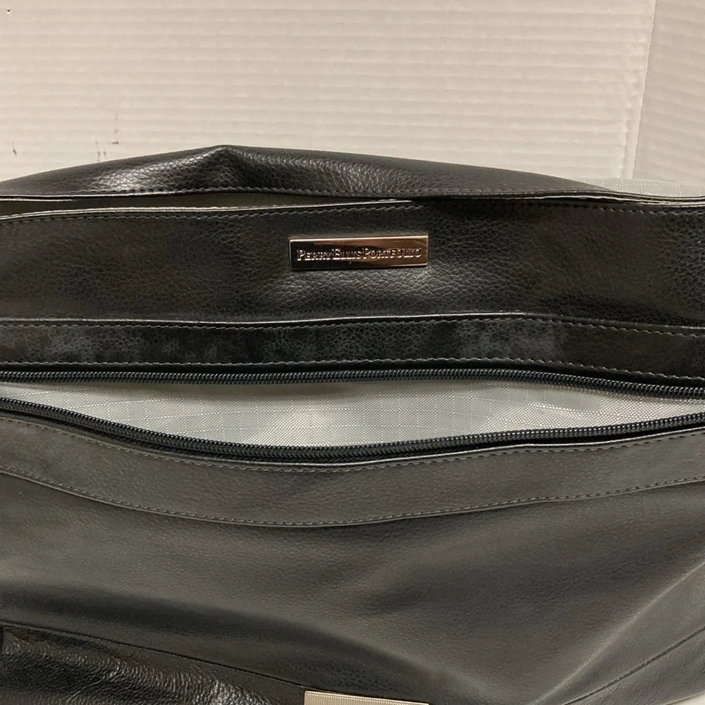 PERRY ELLIS POLFOLIO Black Leather Briefcase Messenger Bag UNISEX